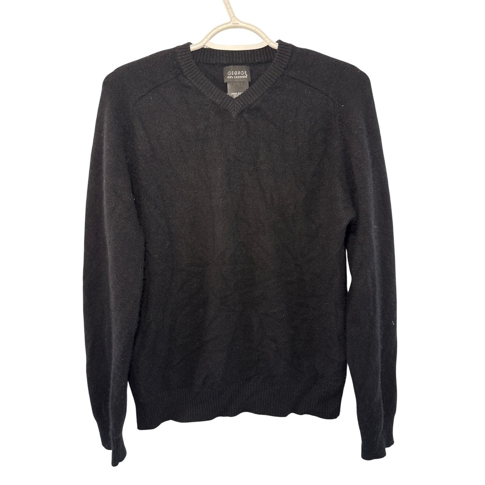 George Mens Black 100% Cashmere V-Neck Sweater Size Small Preppy Classic Cozy